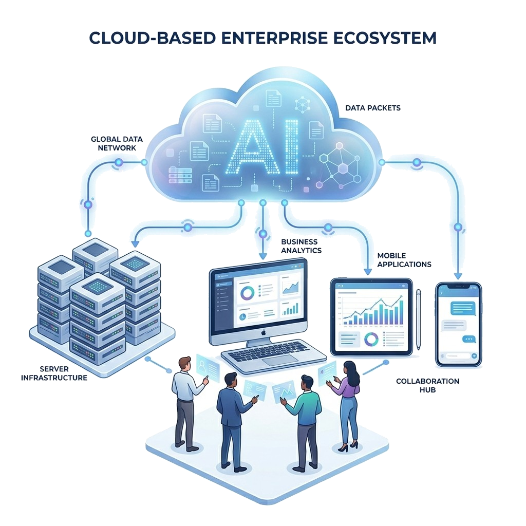 Cloud-based enterprise ecosystem with servers, analytics, and mobile apps
